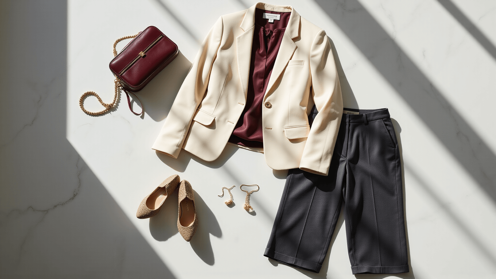A flatlay of a professional wardrobe on a white marble surface, featuring a cream blazer, silk burgundy blouse, and charcoal trousers, complemented by minimalist gold accessories, all illuminated by soft natural lighting in a modern sunlit office.