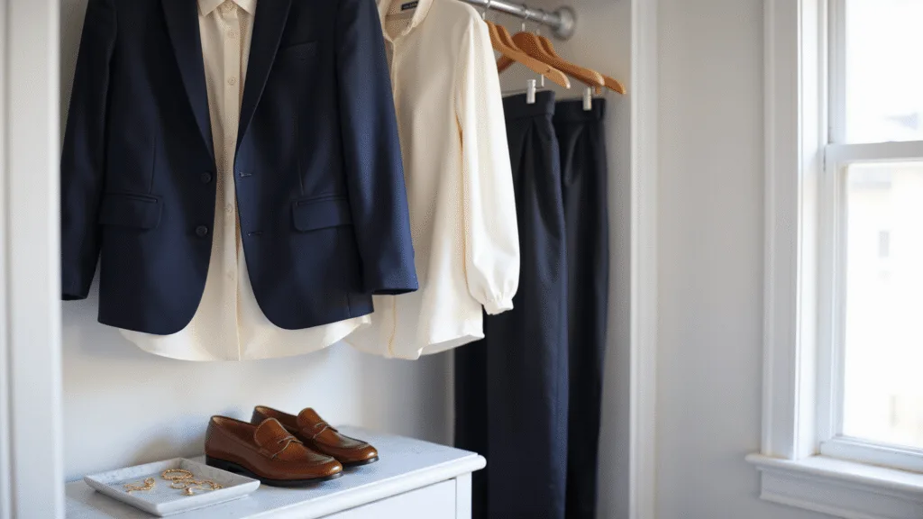 Bright walk-in closet with a navy blazer, cream silk blouse, and tailored black trousers on wooden hangers, polished leather loafers on a shelf, minimal gold jewelry on a marble tray, illuminated by soft morning light.