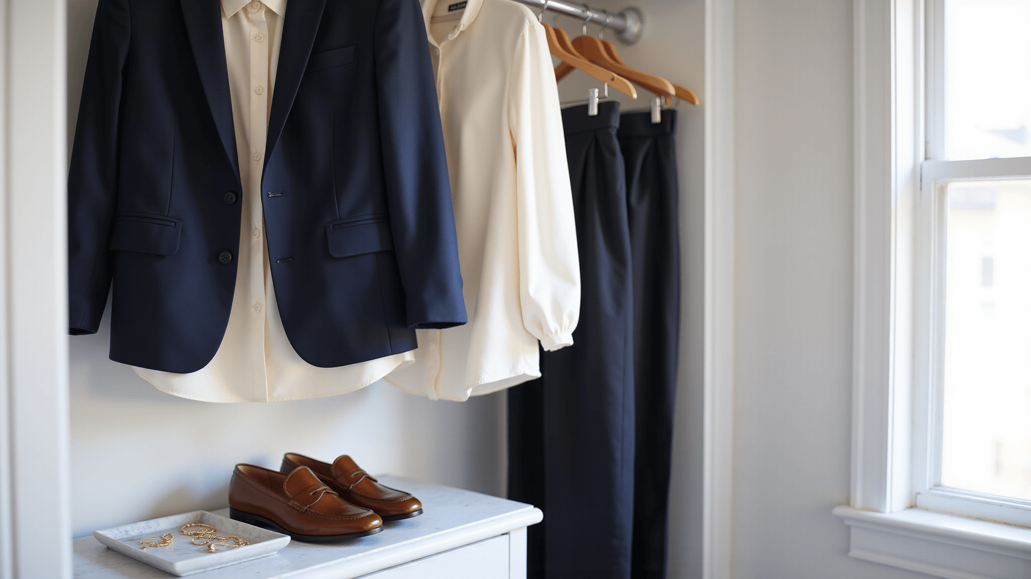 Bright walk-in closet with a navy blazer, cream silk blouse, and tailored black trousers on wooden hangers, polished leather loafers on a shelf, minimal gold jewelry on a marble tray, illuminated by soft morning light.