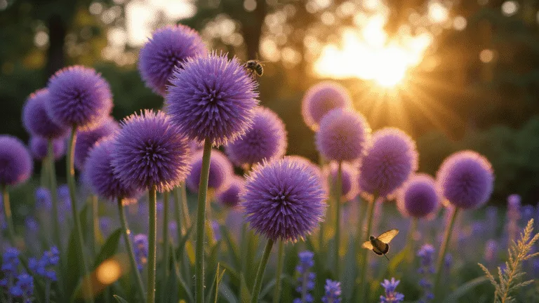 Cinematic wide-angle photograph of vibrant Purple Sensation alliums in a cottage garden at sunset, showcasing illuminated purple blooms, soft-focus companion plants, and delicate morning dew, with bees and butterflies adding movement.