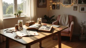 Homemade Anniversary Crafts: Thoughtful Ideas & How-To Inspiration A warm, sunlit craft room filled with DIY anniversary projects, featuring a rustic wooden table with a leather-bound photo album, mason jars, love letters, and an explosion box, surrounded by scattered crafting supplies and decorated with soft curtains, string lights, and framed photos.