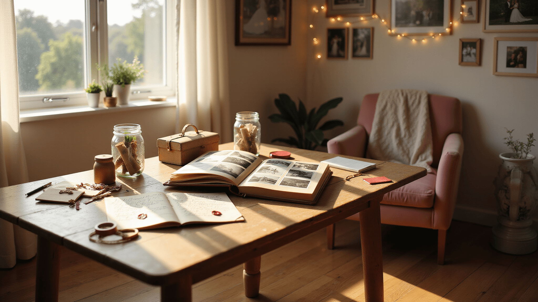 A warm, sunlit craft room filled with DIY anniversary projects, featuring a rustic wooden table with a leather-bound photo album, mason jars, love letters, and an explosion box, surrounded by scattered crafting supplies and decorated with soft curtains, string lights, and framed photos.