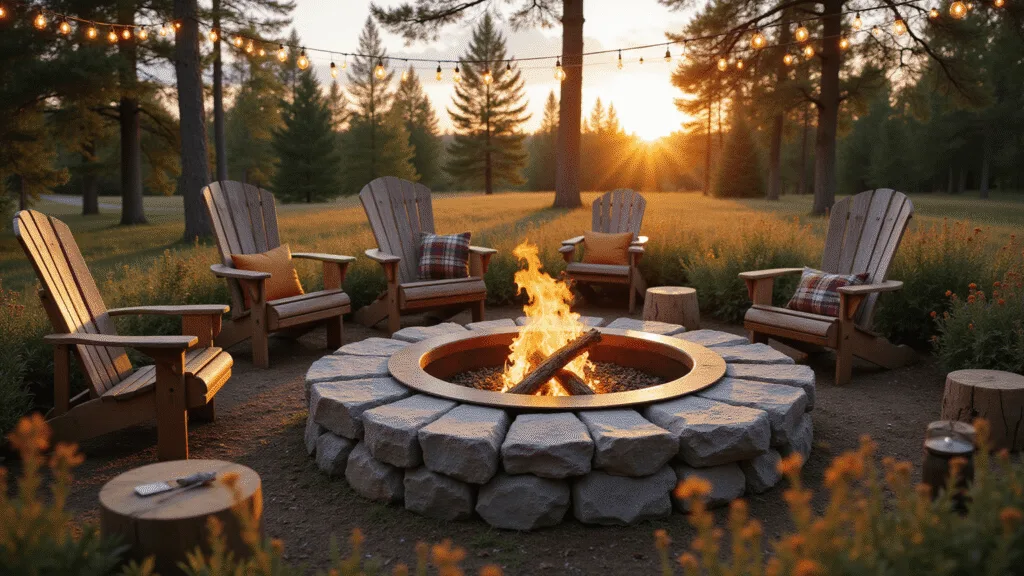 Rustic Fire Pit Ideas: Create Your Perfect Outdoor Gathering Spot Photorealistic image of a rustic fire pit surrounded by Adirondack chairs and reclaimed wood stumps, illuminated by warm Edison string lights at golden hour, with native grasses and wildflowers framing the scene, showcasing dramatic shadows and textures in hyperrealistic detail.