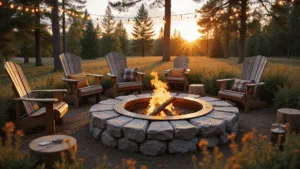 Rustic Fire Pit Ideas: Create Your Perfect Outdoor Gathering Spot Photorealistic image of a rustic fire pit surrounded by Adirondack chairs and reclaimed wood stumps, illuminated by warm Edison string lights at golden hour, with native grasses and wildflowers framing the scene, showcasing dramatic shadows and textures in hyperrealistic detail.