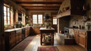 Primitive Kitchen Design: Embracing Rustic Americana Charm Photorealistic image of a spacious primitive kitchen featuring a grand stone hearth, blackened cooking crane, and hanging cast iron pots, illuminated by soft natural light through mullioned windows at golden hour. The scene includes distressed walnut cabinets, a butcher block island, and decorative dried herbs, with vintage crockery and utensils on open shelves, all styled with a warm color palette.