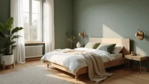 Green Bedroom Ideas: Your Ultimate Guide to Creating a Tranquil Nature-Inspired Sanctuary A serene sage green bedroom featuring a modern low-profile platform bed with white bedding, morning sunlight filtering through sheer curtains, and layered textures including a chunky knit throw, a fiddle leaf fig plant, and a hand-knotted wool rug, all captured in a cinematic, photorealistic style.