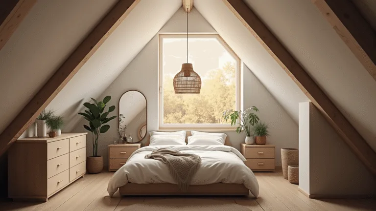 A serene Scandinavian attic bedroom bathed in warm golden hour light, featuring sloped white ceilings, exposed oak beams, a minimalist queen bed with cloud-white linen, vintage brass mirror, sculptural rattan pendant light, and lush monstera plants, all atop light oak floors and a woven jute rug.