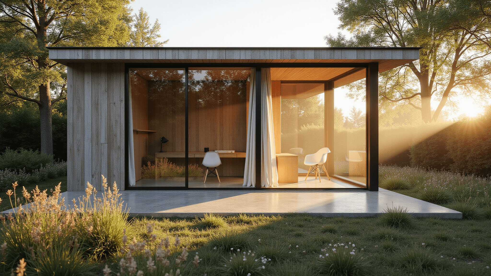 A modern Scandinavian summer house with floor-to-ceiling windows and weathered cedar cladding, set in a lush garden during golden hour, featuring wildflowers and ornamental grasses, with minimal indoor furnishings visible through the glass. The scene is bathed in warm golden light and atmospheric mist, showcasing a harmonious connection between indoor and outdoor spaces.