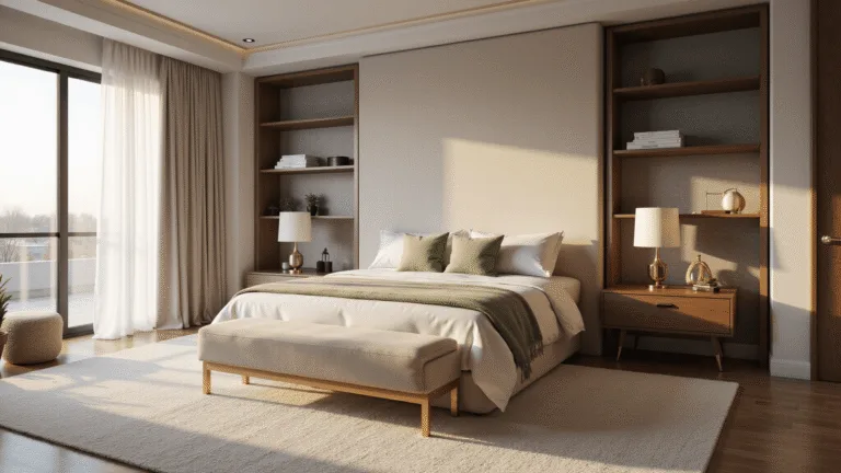 Photorealistic master bedroom bathed in golden hour light, featuring a king-size bed with plush ivory headboard, crisp white linens with sage green accents, and symmetrical walnut nightstands with brass lamps; textured grasscloth wallpaper and an oversized ivory wool rug complete the serene sanctuary.