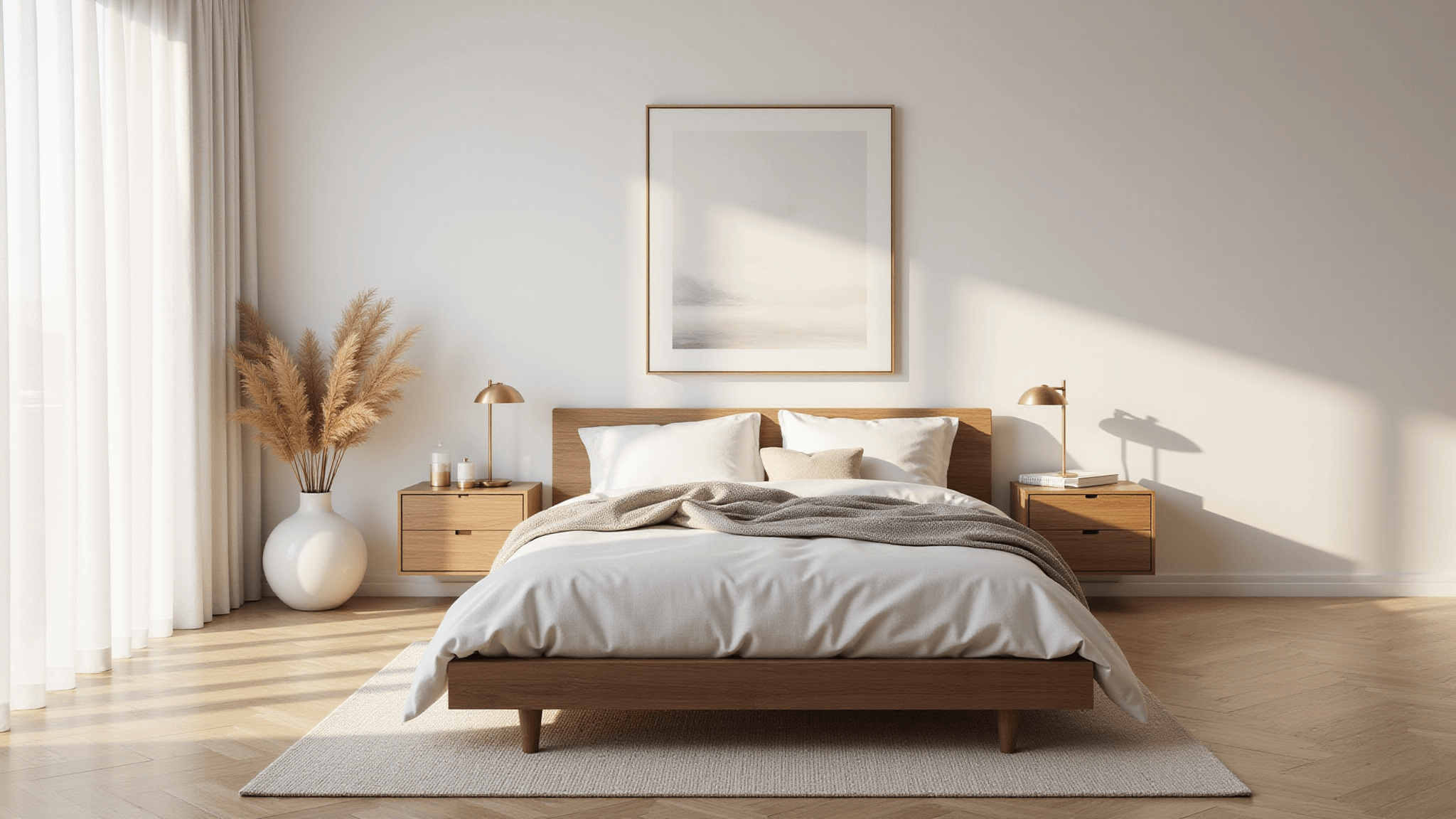 A tranquil minimalist bedroom bathed in golden morning light, featuring a low-profile oak platform bed with white bedding, floating walnut nightstands, and a handwoven ivory wool rug, all captured in soft focus with cinematic color grading.