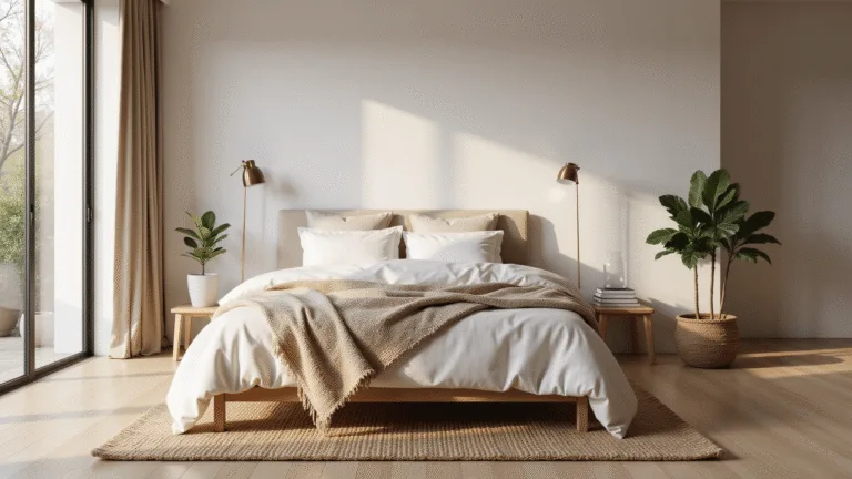 Photorealistic image of a luxurious modern bedroom with a king-sized bed adorned in layered white linens and oatmeal throws, illuminated by soft morning sunlight through floor-to-ceiling windows, featuring warm white walls, a natural jute rug on light oak flooring, Scandinavian-inspired decor, a potted fiddle leaf fig, and minimal brass lighting fixtures, all captured in ultra-detailed textures and muted earth tones.