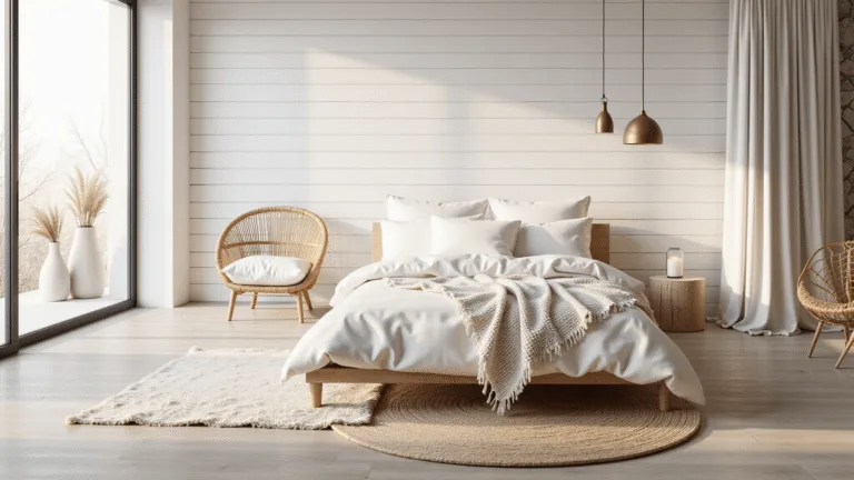A photorealistic image of a serene minimalist white bedroom bathed in soft morning light, featuring a low-profile platform bed, natural oak flooring, and stylish decor elements like a rattan chair and dried pampas grass vases.