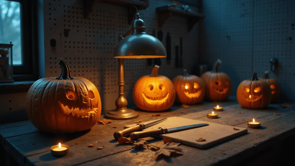 A moody workshop scene featuring a rustic wooden workbench illuminated by warm brass lamps, displaying carved pumpkins with sharp teeth designs and scattered carving tools, enhanced by dramatic shadows and cool blue accent lighting.