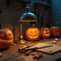 A moody workshop scene featuring a rustic wooden workbench illuminated by warm brass lamps, displaying carved pumpkins with sharp teeth designs and scattered carving tools, enhanced by dramatic shadows and cool blue accent lighting.