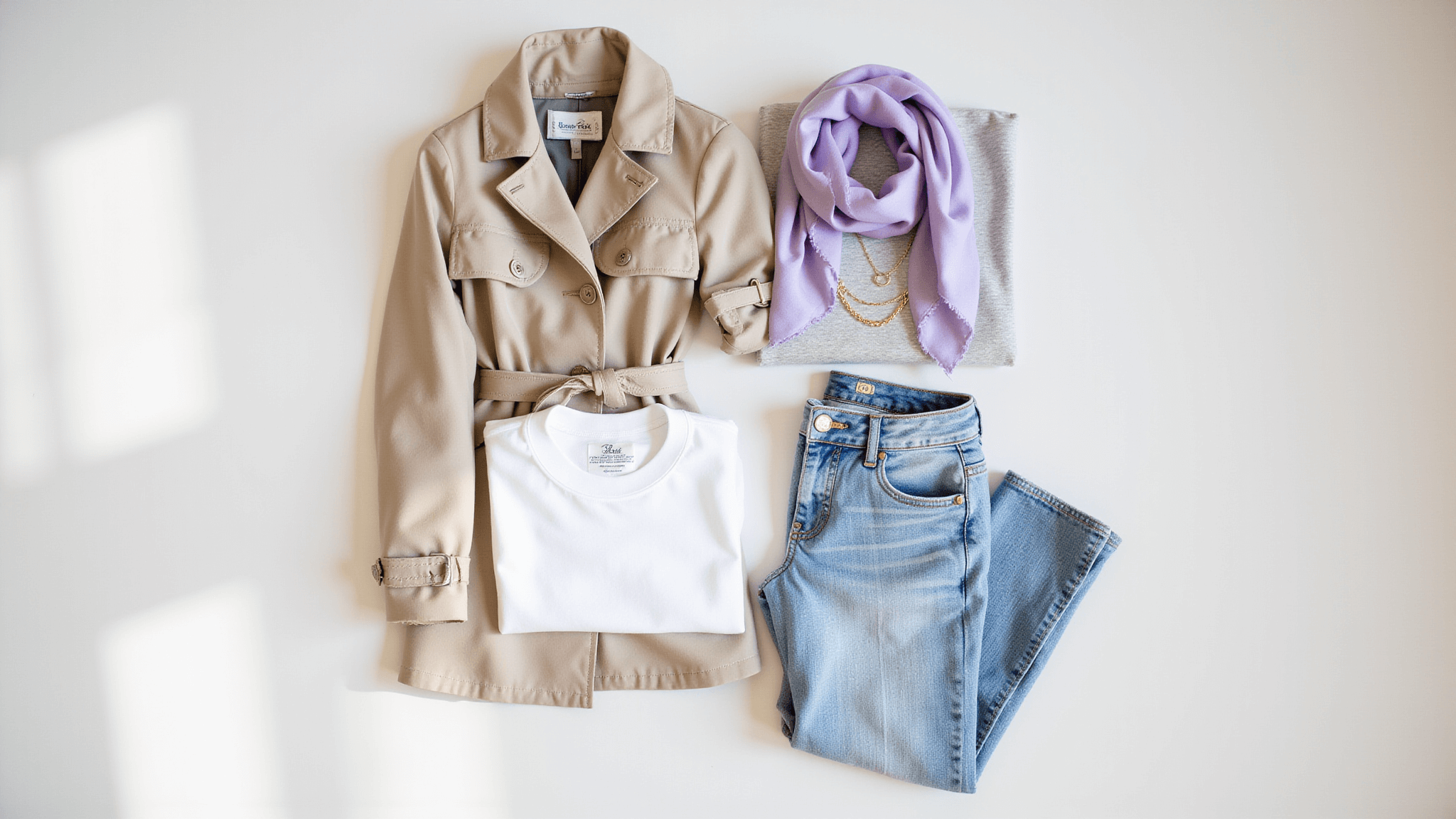 Flat lay of spring fashion essentials including a beige trench coat, light wash jeans, neutral tees, white button-down, and a lavender silk scarf, with gold jewelry accents and natural light creating soft shadows.