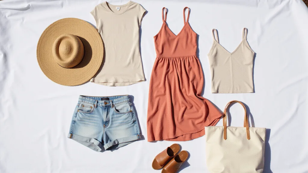 SUMMER CASUAL OUTFITS: YOUR ULTIMATE GUIDE TO EFFORTLESS STYLE Sunlit flat lay of a summer capsule wardrobe on a white linen background, featuring neutral cotton tops, light-wash denim shorts, a coral sundress, woven straw hat, leather sandals, and a canvas tote, with soft shadows from morning light.