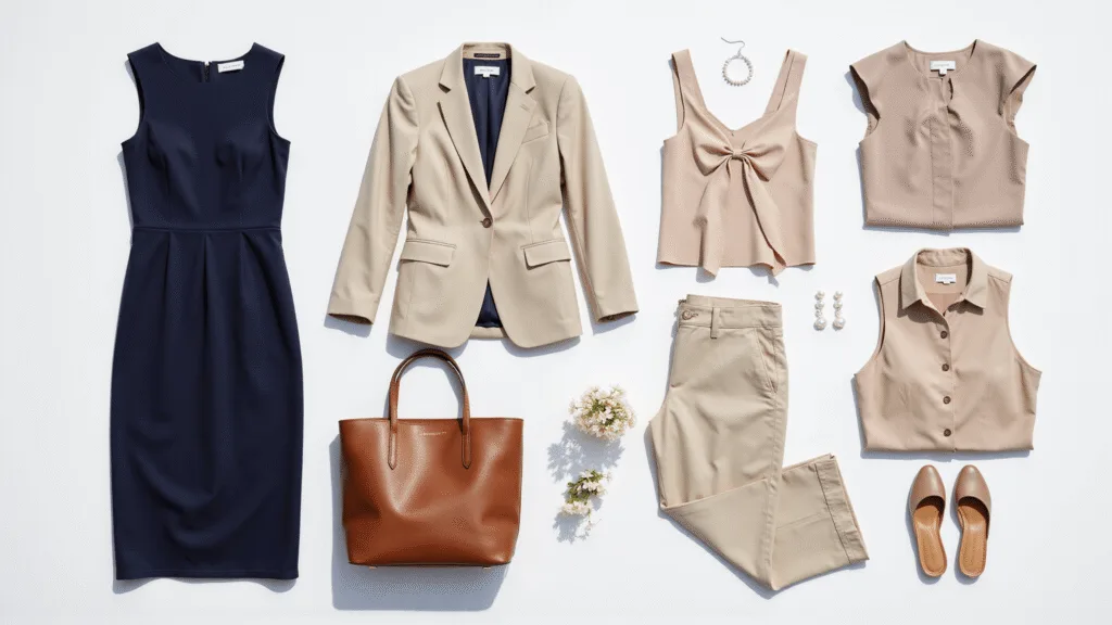 Overhead flatlay of a curated summer conference wardrobe, featuring a navy sheath dress, beige blazer, silk blouses, wide-leg trousers, pearl earrings, a leather tote, and nude flats against a white background, illuminated by natural morning light.