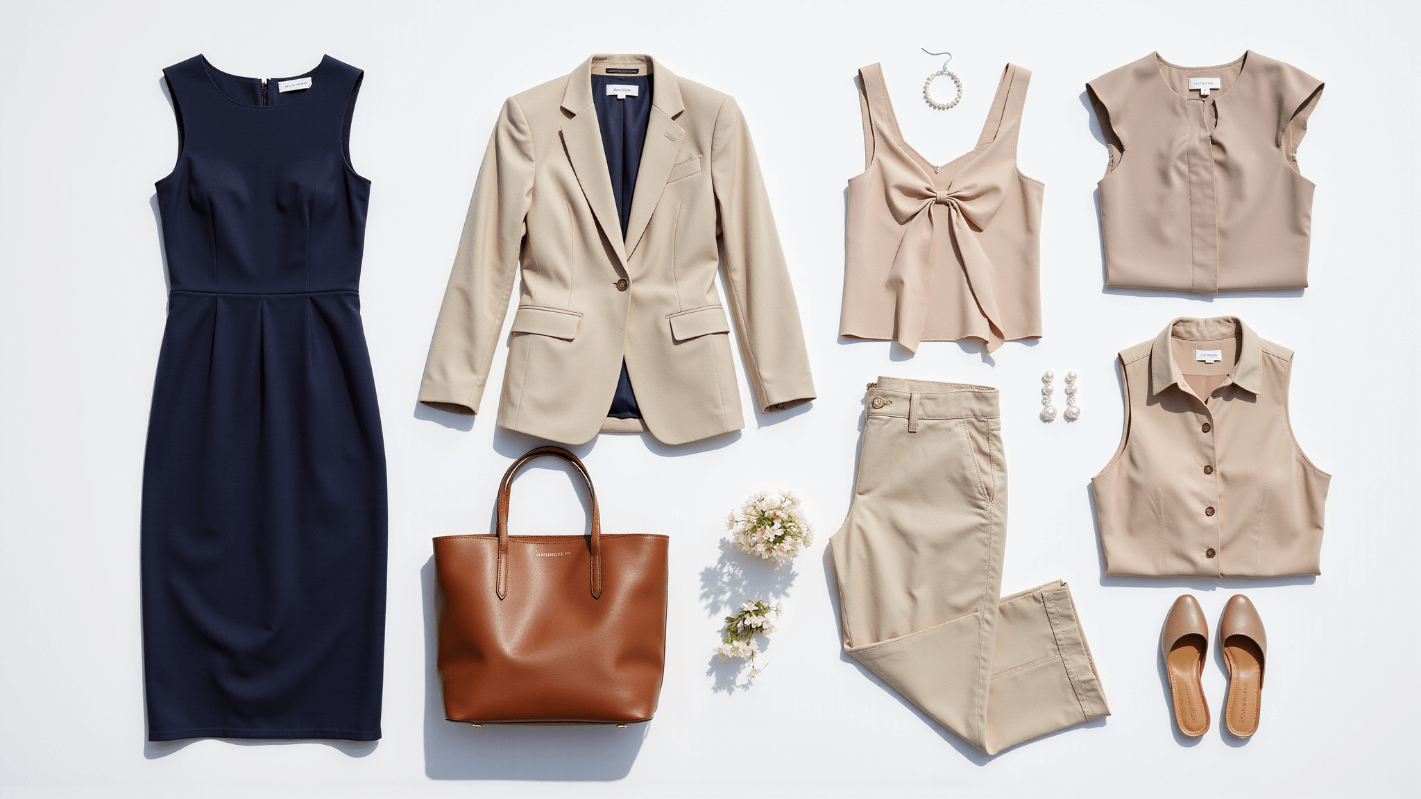Overhead flatlay of a curated summer conference wardrobe, featuring a navy sheath dress, beige blazer, silk blouses, wide-leg trousers, pearl earrings, a leather tote, and nude flats against a white background, illuminated by natural morning light.