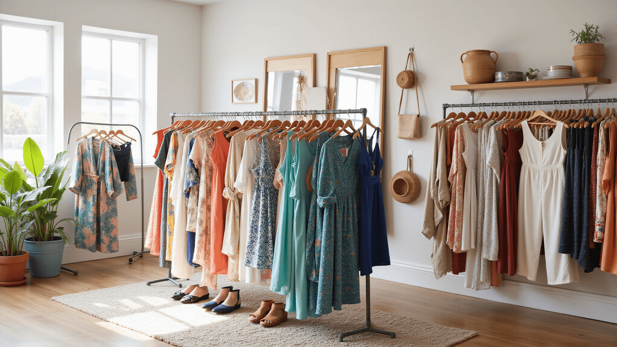 A bright boutique interior showcasing colorful summer plus-size clothing, including maxi dresses, tank tops, and wide-leg pants, complemented by kimonos, woven accessories, and statement jewelry, with natural light, full-length mirrors, and potted plants.