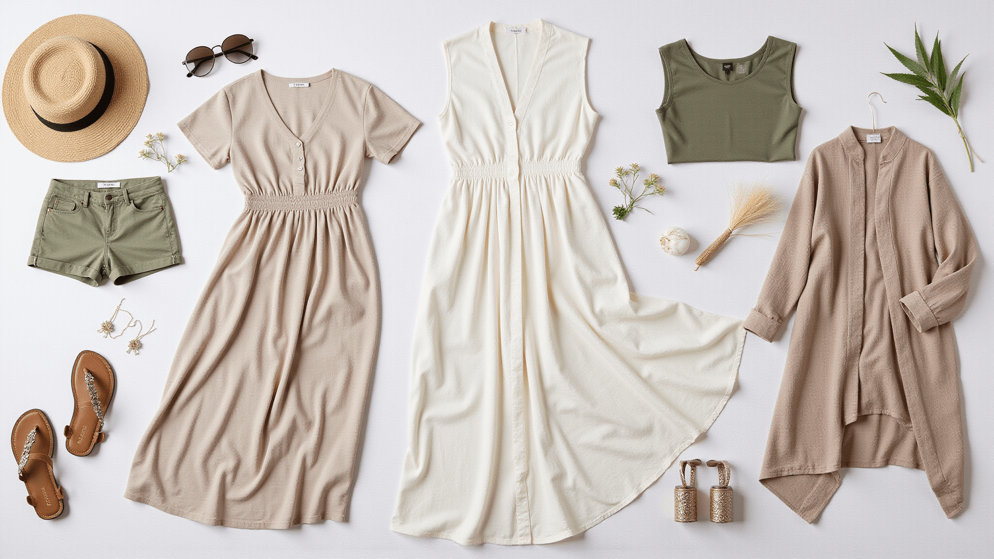 Stylish summer wardrobe flatlay featuring a maxi dress, shorts, lightweight tops, kimono, sunhat, sunglasses, and sandals on a white linen background, arranged artfully under soft natural light in muted earth tones and pastels.