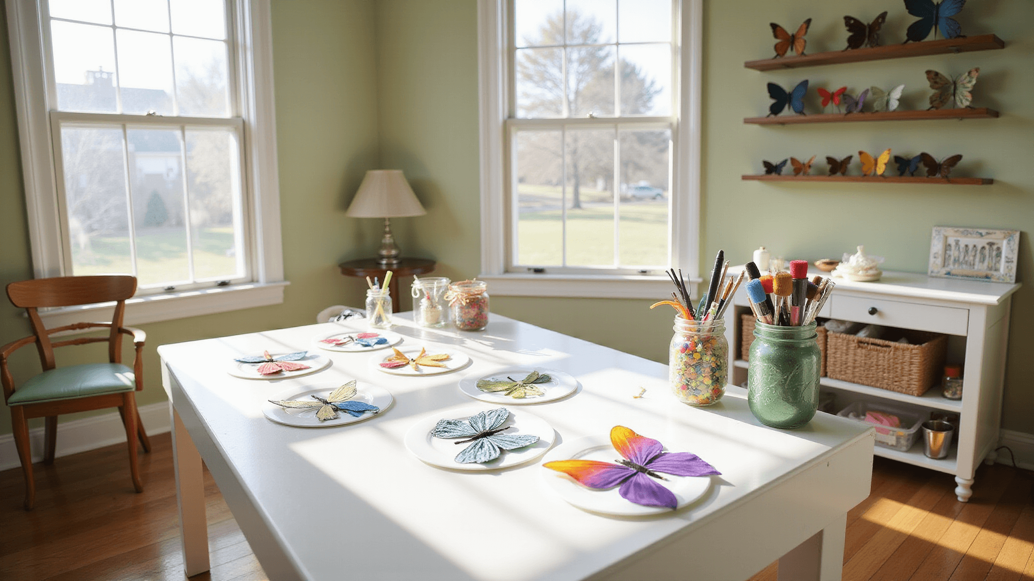 Craft studio workspace filled with natural sunlight, showcasing a white craft table adorned with colorful butterfly crafts, organized supplies in mason jars, and a vintage chair, all set against warm wooden floors and sage green walls.