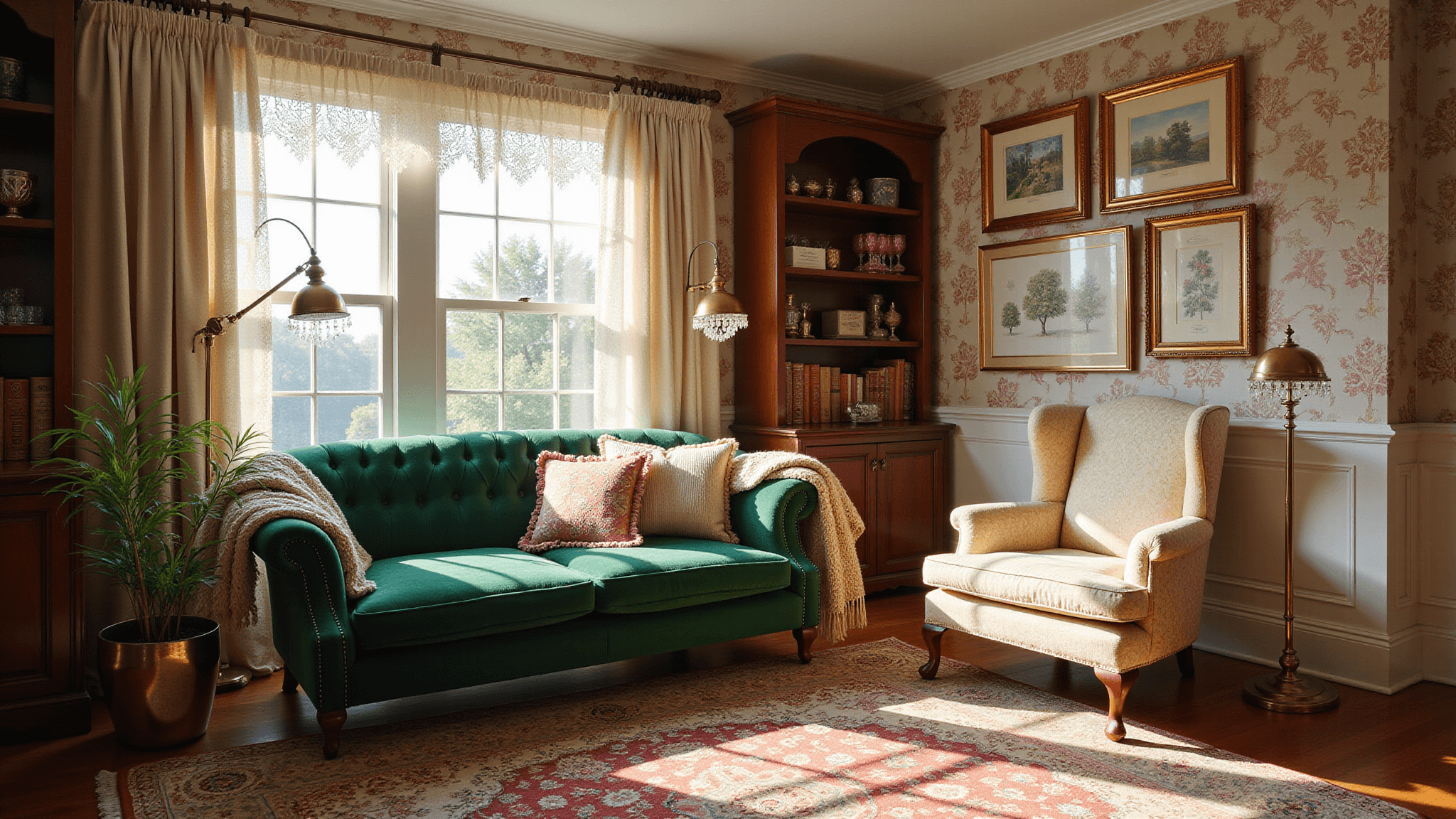 Photorealistic image of a sunlit Victorian living room featuring an emerald green velvet Chesterfield sofa, floral wallpaper, and layered Persian rugs, illuminated by morning light through floor-to-ceiling windows, with a blend of vintage and modern decor elements.