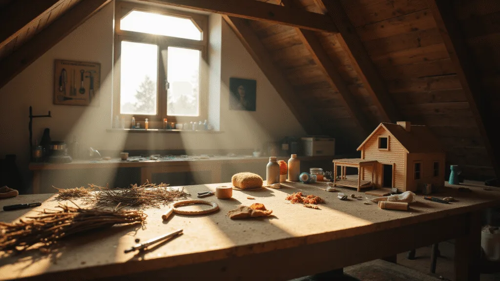 Sunlit attic craft workshop with a wooden workbench showcasing a DIY dollhouse, surrounded by natural materials like twigs and fabric scraps, illuminated by golden hour light filtering through a large dormer window.