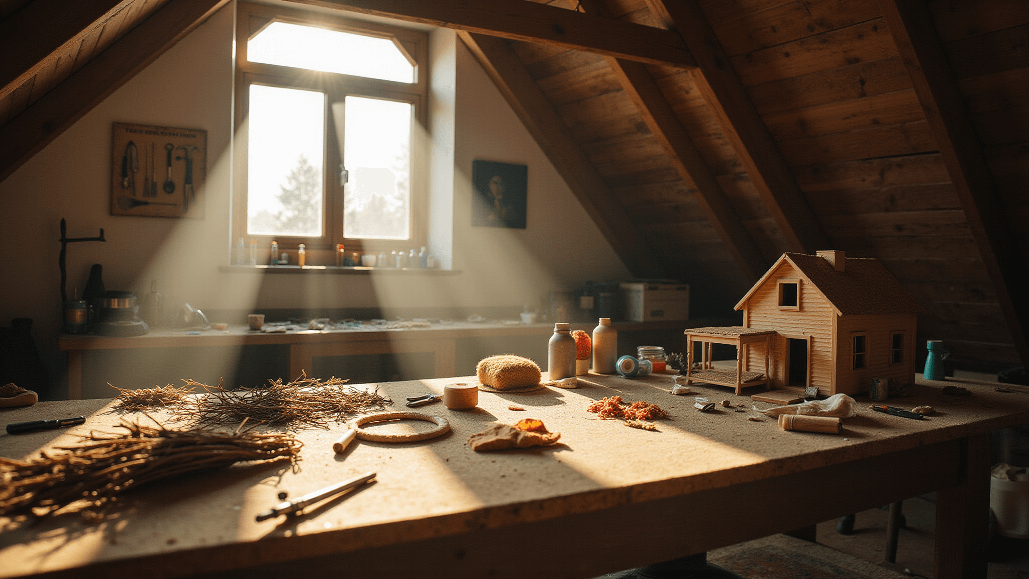 Sunlit attic craft workshop with a wooden workbench showcasing a DIY dollhouse, surrounded by natural materials like twigs and fabric scraps, illuminated by golden hour light filtering through a large dormer window.