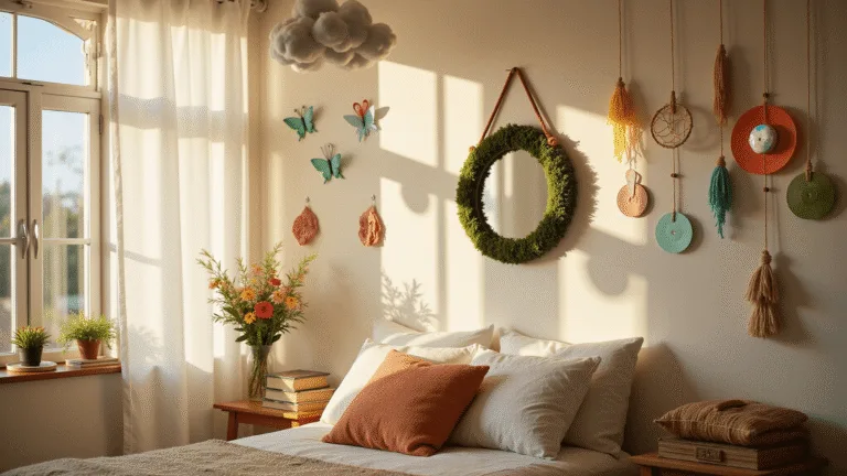 A bright boho-inspired room with a white canopy bed, fairy lights, cloud lights, pastel upcycled CD art, a moss-covered mirror, and handmade decor, bathed in golden afternoon sunlight.