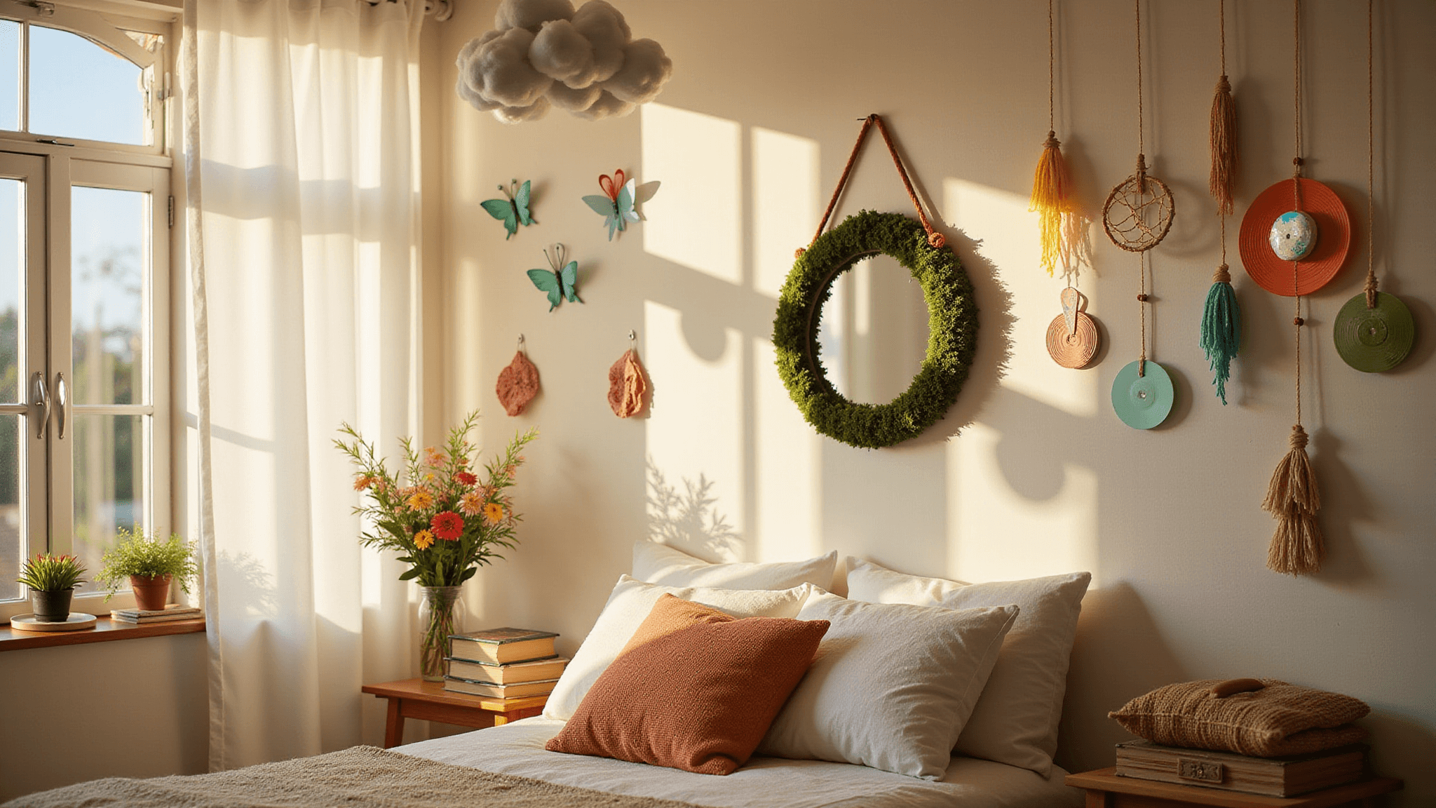 A bright boho-inspired room with a white canopy bed, fairy lights, cloud lights, pastel upcycled CD art, a moss-covered mirror, and handmade decor, bathed in golden afternoon sunlight.