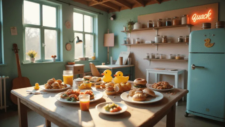 A beautifully lit craft room featuring a vintage farmhouse table organized with colorful paper craft supplies and miniature food creations, including a whimsical paper duck scene. The space has soft mint walls, exposed wooden beams, and mason jars filled with colorful scraps. A macro shot captures hands crafting a miniature paper burger, emphasizing intricate details. A pastel blue refrigerator with paper duck magnets and a neon "quack" sign add charming decor elements.