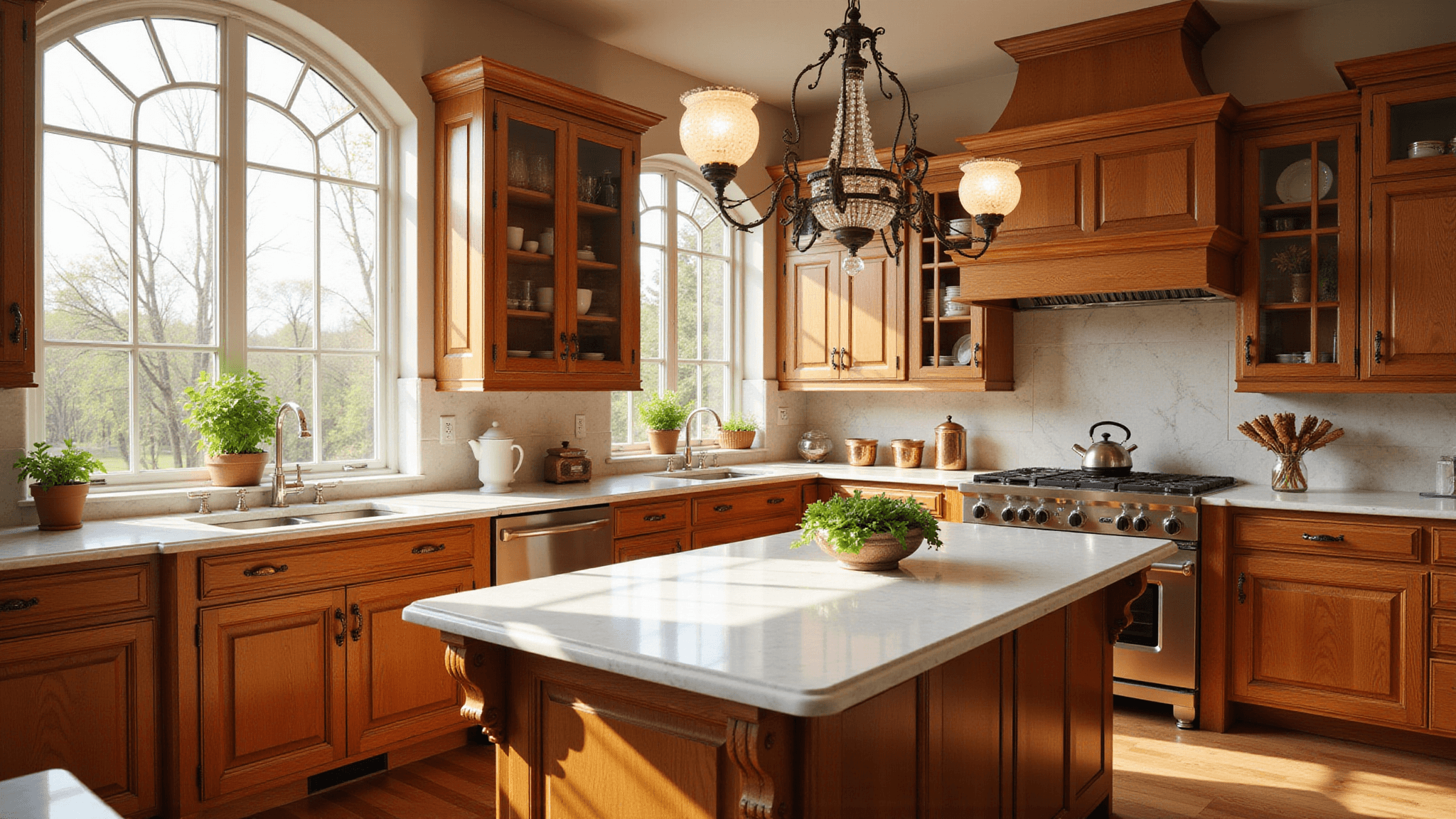 A luxurious traditional kitchen with honey-toned red oak cabinets and polished Carrara marble countertops, illuminated by morning sunlight from large east-facing windows, featuring a center island, professional-grade appliances, hanging copper cookware, and fresh herbs, all highlighted by a crystal chandelier and warm color palette.