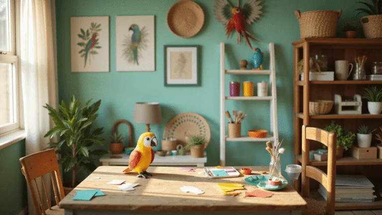 A sunlit craft room featuring a rustic wooden worktable with an ongoing vibrant parrot craft project, surrounded by colorful art supplies and completed crafts, accented by mint green walls adorned with botanical prints and fairy lights.