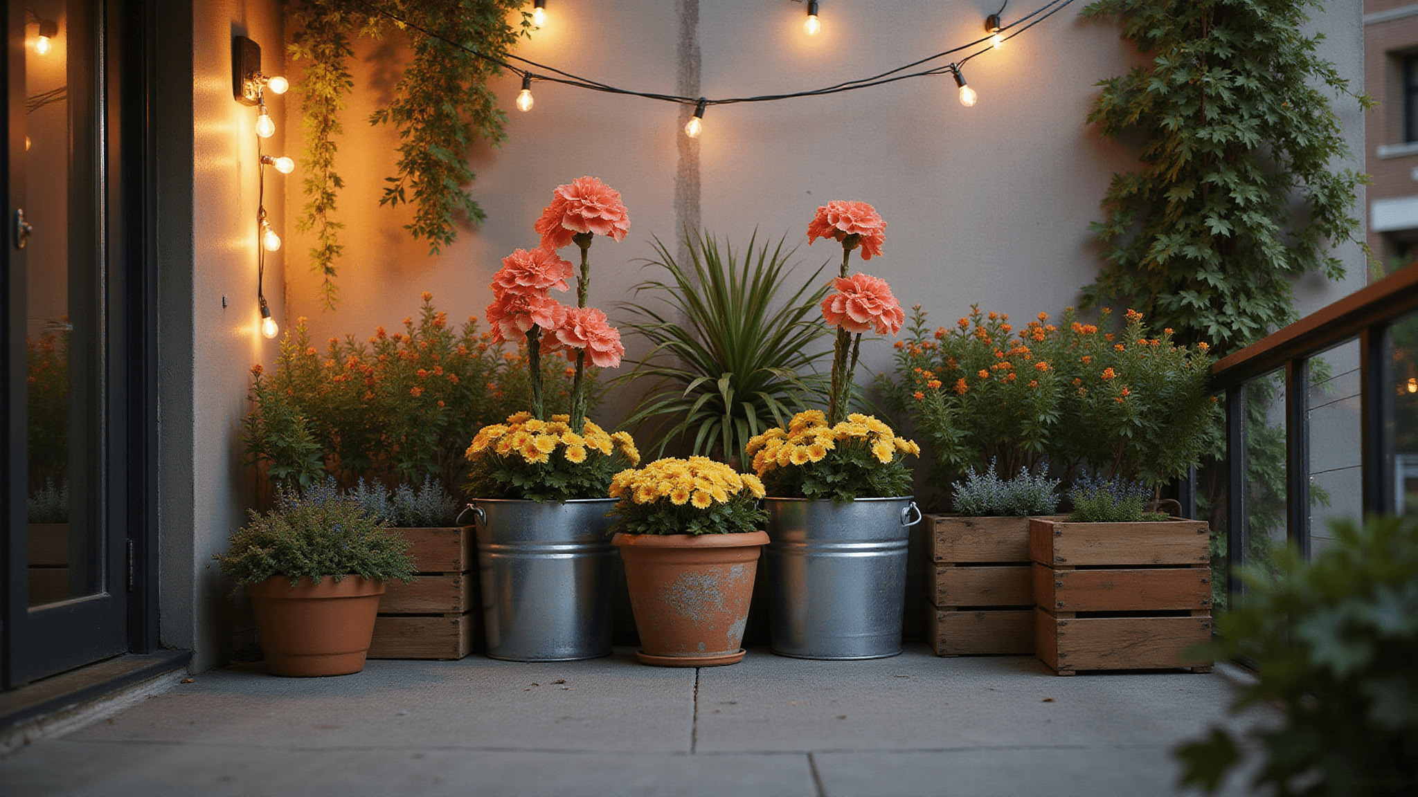 A warm sunset bathes an urban balcony garden in golden light, featuring vibrant coral snapdragons in terracotta planters, butter-yellow penny violas, cascading ivy, and glowing copper string lights, all set against a textured concrete wall.