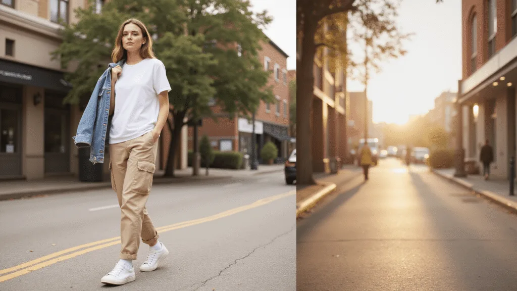 Fashion model in beige cargo pants, white oversized tee, and denim jacket, confidently walking on a sunlit urban street corner during golden hour, with a blurred city background.