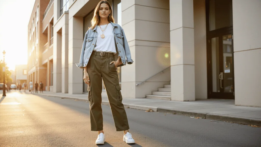 How to Rock Cargo Pants: A Real Girl's Guide to Styling 2024's Hottest Trend Fashion model in high-waisted olive cargo pants and a white t-shirt, styled with gold necklaces and white leather sneakers, poses in the golden hour on an urban street corner, with clean architecture and soft shadows in the background.