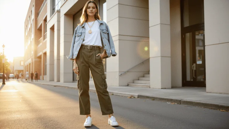 Fashion model in high-waisted olive cargo pants and a white t-shirt, styled with gold necklaces and white leather sneakers, poses in the golden hour on an urban street corner, with clean architecture and soft shadows in the background.