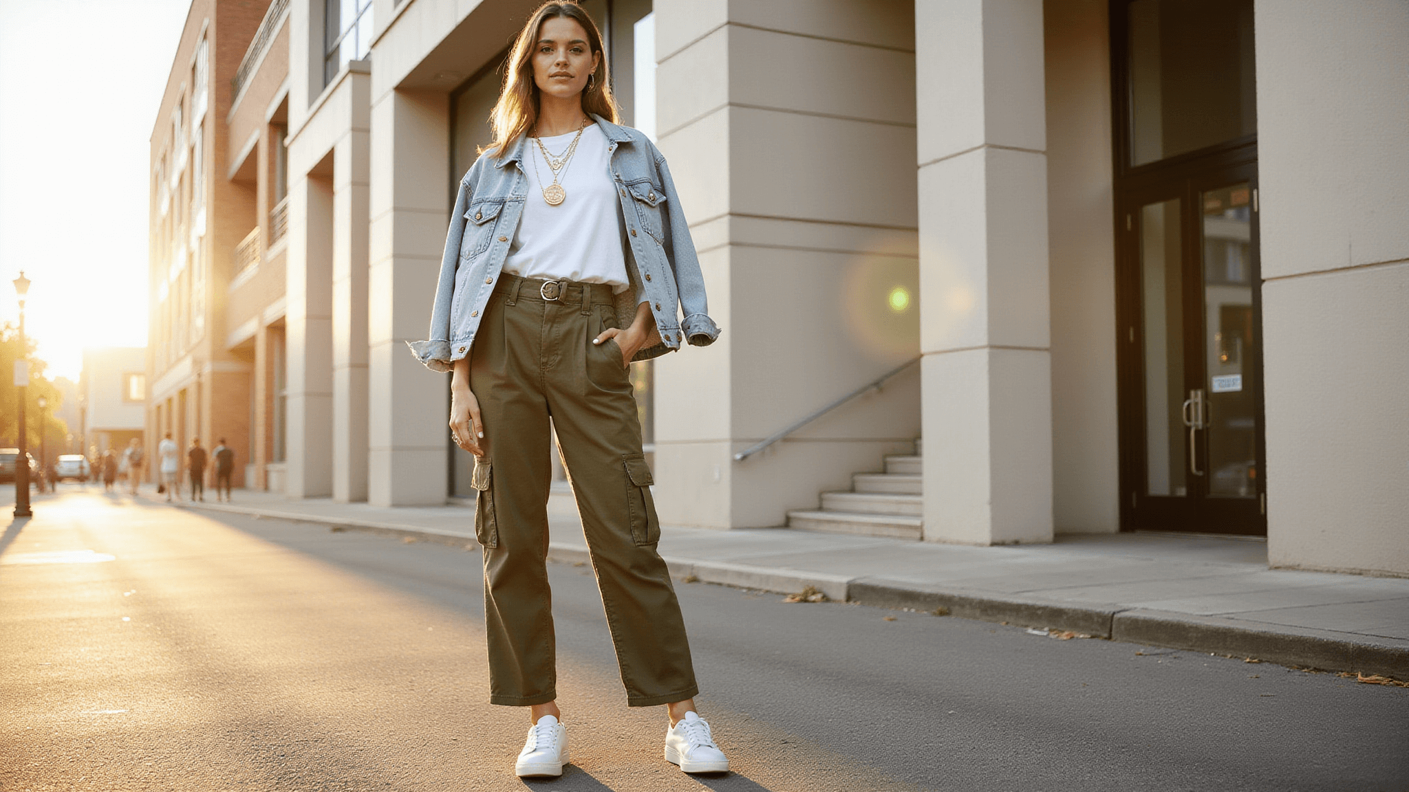 Fashion model in high-waisted olive cargo pants and a white t-shirt, styled with gold necklaces and white leather sneakers, poses in the golden hour on an urban street corner, with clean architecture and soft shadows in the background.