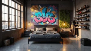 Street Style Bedroom: Your Ultimate Urban Design Guide A contemporary urban bedroom with a black metal platform bed, vibrant graffiti mural, industrial windows, vintage milk crate bedside tables, sneaker collection, moss wall installation, and streetwear decor, all bathed in warm golden hour light.