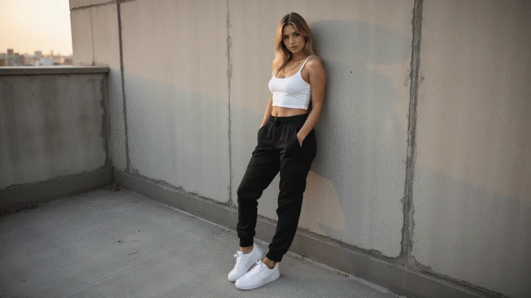 A female model wearing black cargo pants and a fitted white crop top leans against an industrial concrete wall during golden hour, complemented by white Nike Air Force 1 sneakers and a minimalist gold chain necklace, captured in warm lighting with shallow depth of field.