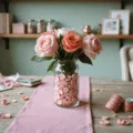 A cozy crafting nook with a double-layered glass vase filled with pink conversation hearts and roses, surrounded by craft supplies, a vintage armchair, and soft sage green walls.