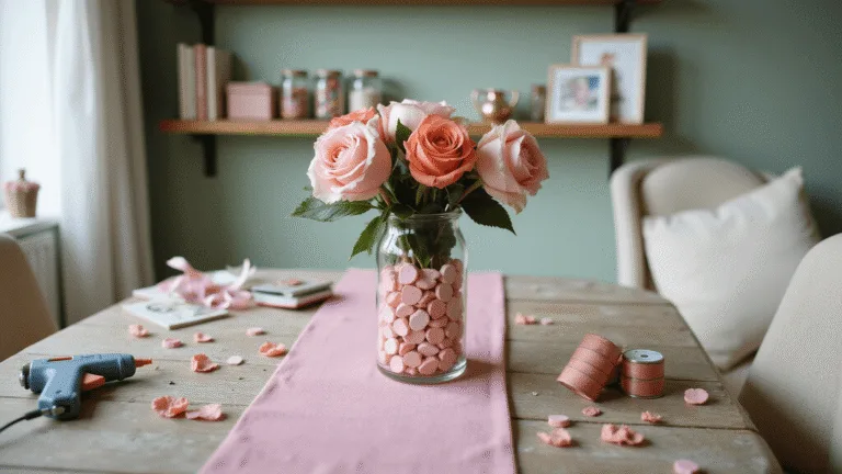 A cozy crafting nook with a double-layered glass vase filled with pink conversation hearts and roses, surrounded by craft supplies, a vintage armchair, and soft sage green walls.