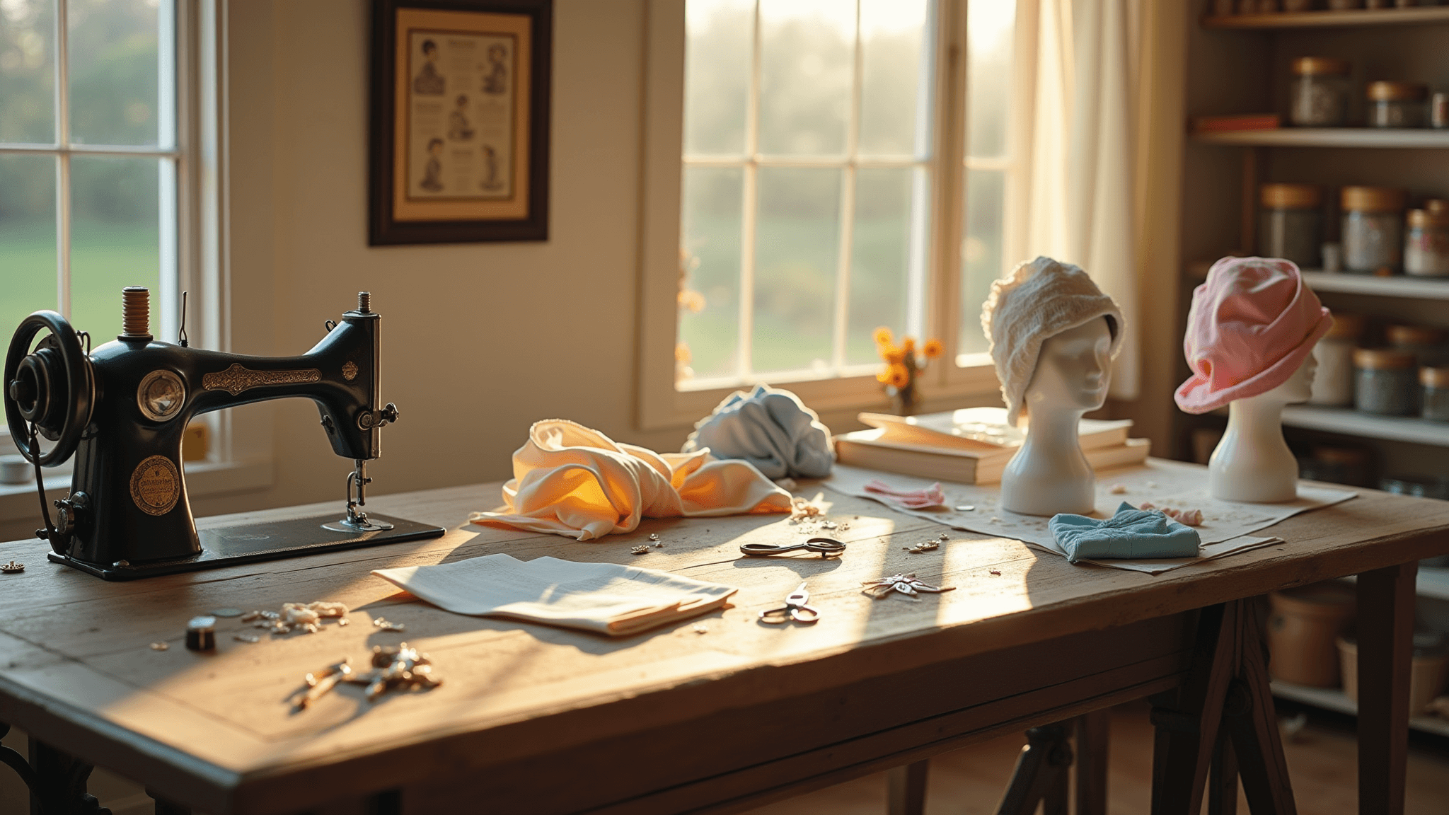 Cinematic image of a vintage-inspired sewing workspace with warm sunlight, featuring a rustic wooden table, an antique sewing machine, colorful fabrics, completed bonnets on mannequin heads, and neatly arranged sewing tools, all captured with soft bokeh and golden light.