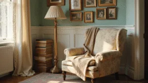 Granny Chic Decor: Turning Vintage Nostalgia into Modern Home Magic A sunlit living room with a vintage floral armchair, brass floor lamp, and leather-bound books, bathed in warm light, featuring cream lace curtains and a faded Persian rug, accented by antique picture frames and soft pastel decor.