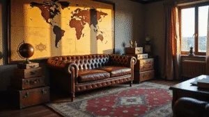 Travel Room Ideas: Transform Your Space into a Global Adventure Haven A sunlit vintage home office featuring a sepia-toned world map mural, leather Chesterfield sofa, antique suitcases as a table, mahogany desk, and brass globe, with warm sunlight casting shadows and highlighting rich textures.