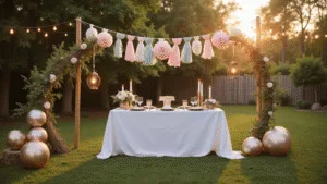 DIY Party Decorations: Creative Ideas for a Memorable Celebration Photorealistic image of a whimsical outdoor garden party setup at golden hour, featuring a white buffet table adorned with pastel decorations, string lights, and a flower arch photo booth, all bathed in warm, ambient light.