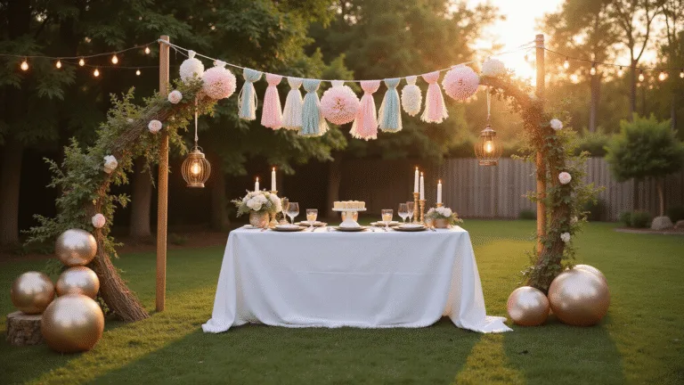 Photorealistic image of a whimsical outdoor garden party setup at golden hour, featuring a white buffet table adorned with pastel decorations, string lights, and a flower arch photo booth, all bathed in warm, ambient light.