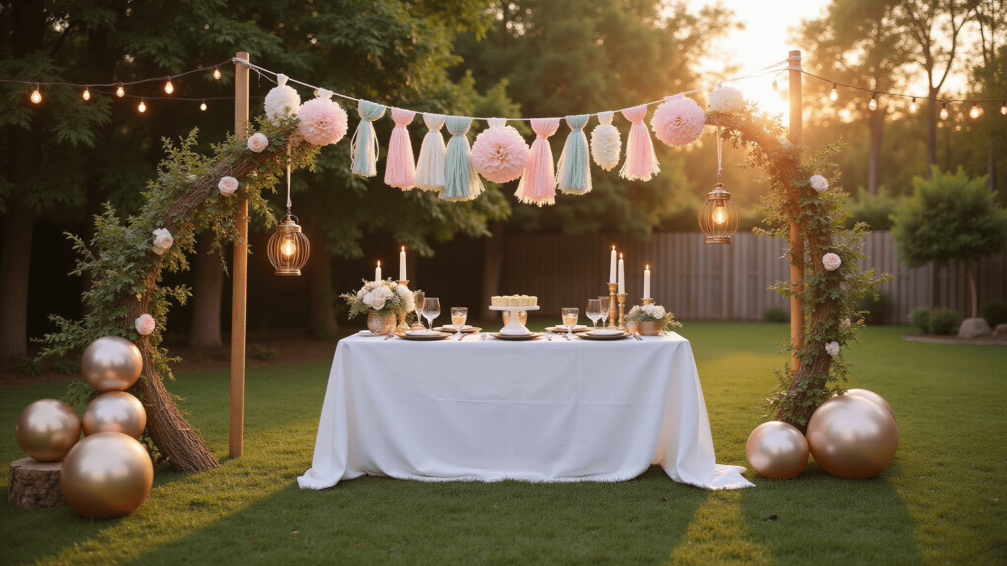 Photorealistic image of a whimsical outdoor garden party setup at golden hour, featuring a white buffet table adorned with pastel decorations, string lights, and a flower arch photo booth, all bathed in warm, ambient light.