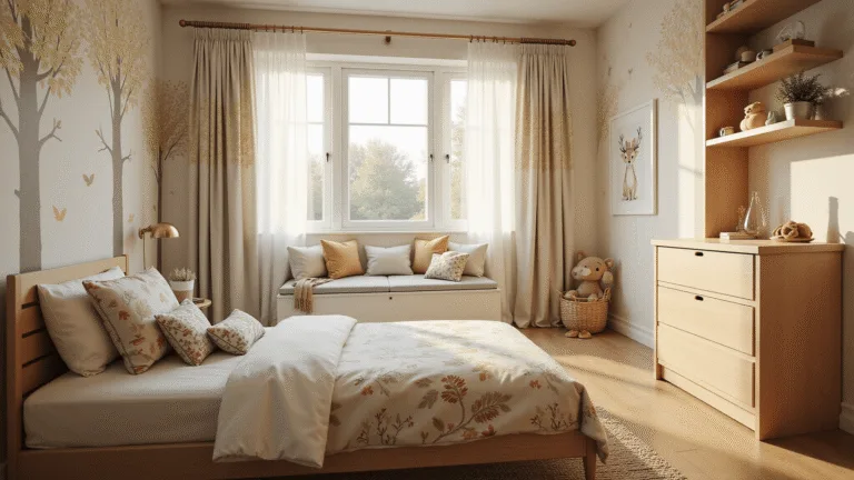 Whimsical woodland-themed children's bedroom featuring natural wood furniture, twin bed with forest-themed bedding, and hand-painted tree murals, illuminated by soft natural light through sheer botanical curtains, with a cozy reading nook and magical atmosphere.
