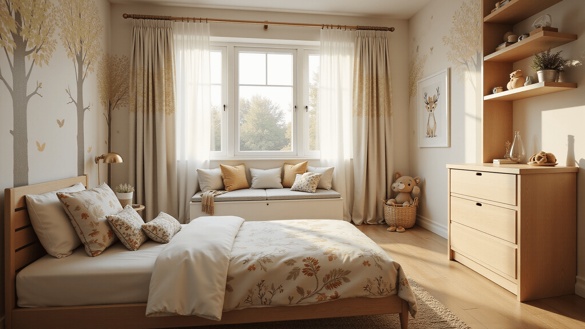 Whimsical woodland-themed children's bedroom featuring natural wood furniture, twin bed with forest-themed bedding, and hand-painted tree murals, illuminated by soft natural light through sheer botanical curtains, with a cozy reading nook and magical atmosphere.
